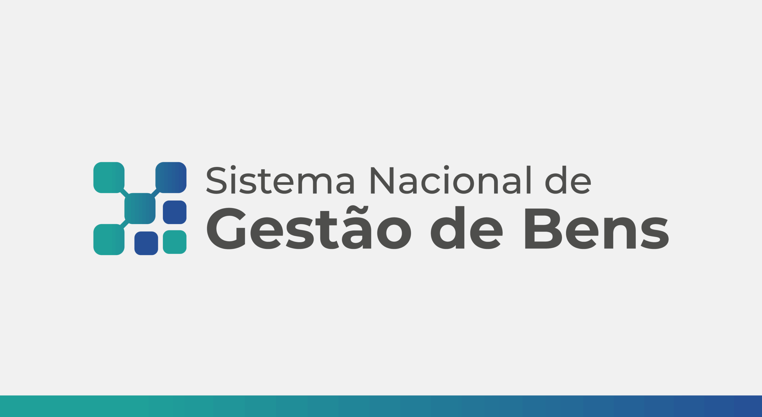 A imagem exibe um logotipo e texto em um fundo cinza claro.

No lado esquerdo, há um ícone composto por vários quadrados interligados em tons de azul e verde.

Ao lado do ícone, o texto "Sistema Nacional de Gestão de Bens" está escrito em duas linhas. A palavra "Sistema Nacional de" está em uma cor mais clara, enquanto "Gestão de Bens" está em negrito e uma tonalidade de cinza mais escura, dando destaque.

Na parte inferior da imagem, há uma faixa horizontal que transita do verde para o azul, em um gradiente sutil.